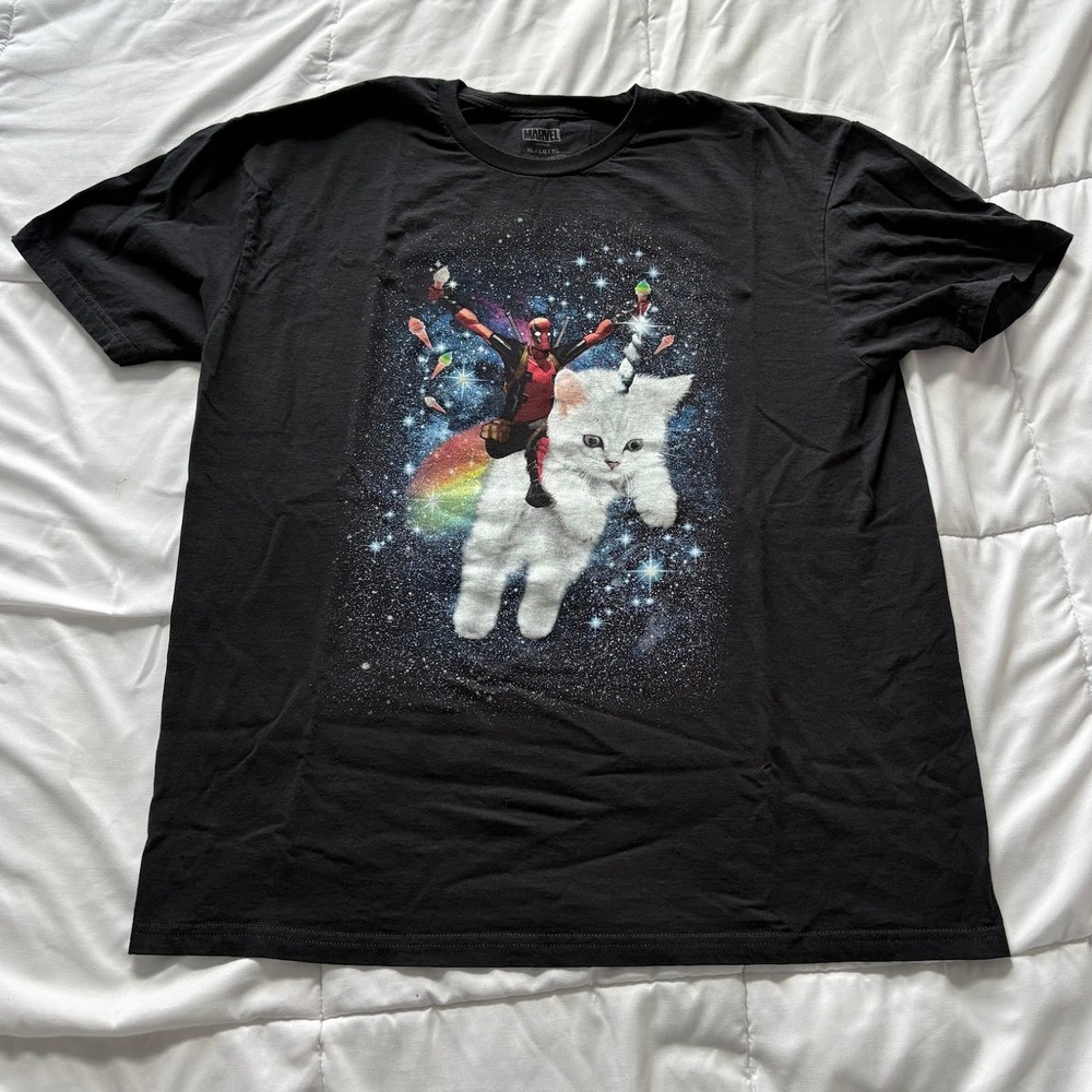 Marvel Deadpool Riding Unicorn Galaxy Graphic T-Shirt Black XL 100% Cotton